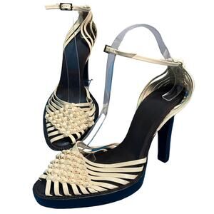Y2K Designer PHI Weave Heels Pumps Shoes Leather Cream Brown Size 8/39